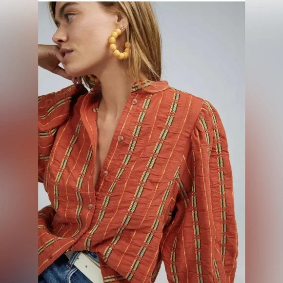 Anthropologie XS Pilcro The Bella Femme Buttondown Shirt Top Embroidered Orange - Picture 10 of 11
